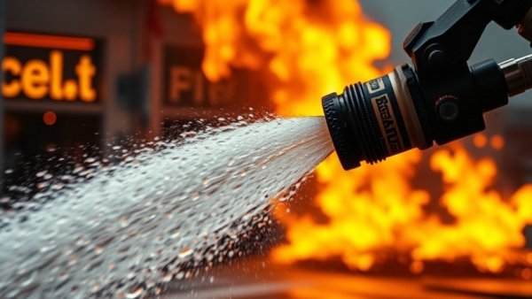 Fire hose spraying water at flames, AI in Firefighting.