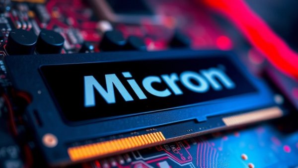 Micron investment in memory chip facility, close-up view, vibrant colors.