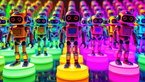Colorful vintage robots in a grid pattern, OpenAI Codex theme.