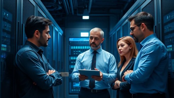 Professionals discussing mainframe development in a server room.