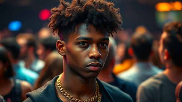 Curly-haired man attending event, focused expression, vibrant background.