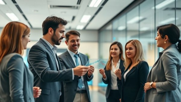 Professionals discussing AI adoption strategies with data charts in a modern office.