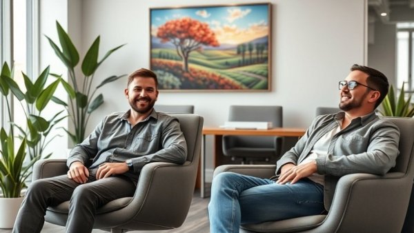 Casual office meeting in a modern setting.