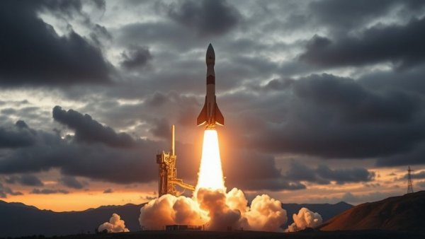 Rocket launching at dawn with cloudy skies reaching space, highlighting space launch challenges.