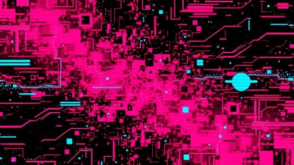 Abstract glitch art featuring a digital icon with pixelated effects