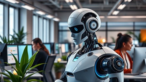 Futuristic office with humanoid robot and workers collaborating.