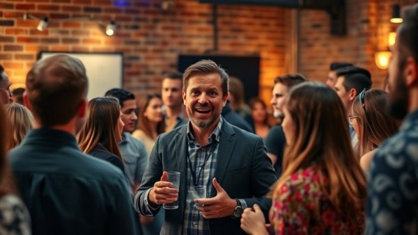 Speaker engaging crowd at networking event, brick-walled venue.