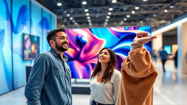 Young couple admiring a large 8K OLED TV displaying cityscape.