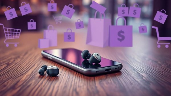 Earbuds and smartphone with shopping icons, Samsung Phone theme.