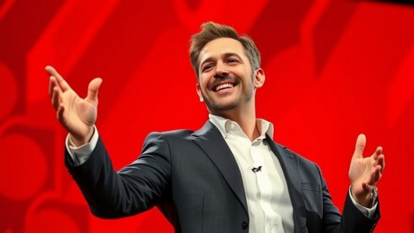 Confident businessman presenting on red stage discussing OpenAI investment.