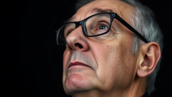 Older man in glasses with a reflective expression against a dark background.