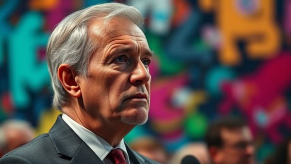 Older man speaking at an event, colorful background.