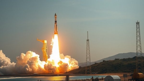 Rocket launch near coast for SpaceX satellite constellation.