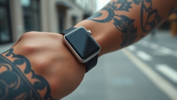 Stylish Apple Watch on tattooed wrist highlighting display