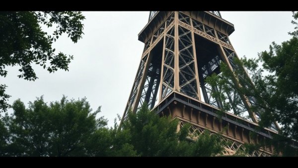 Partial Eiffel Tower view framed by trees, overcast sky.