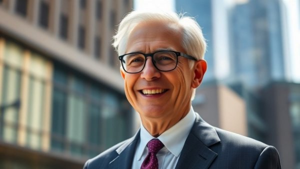 Distinguished man in suit smiling outdoors in sunlight.