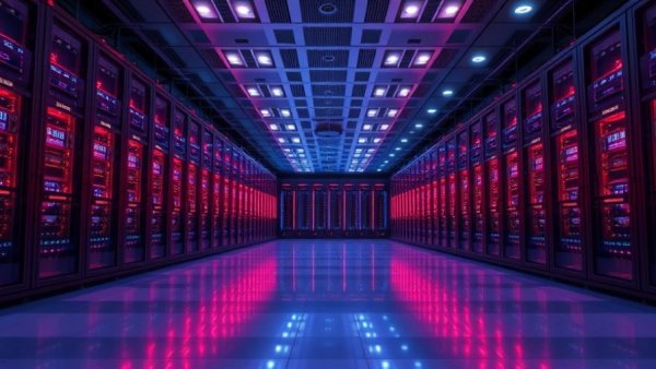 Futuristic data center with server racks reflecting IT spending forecast 2026.