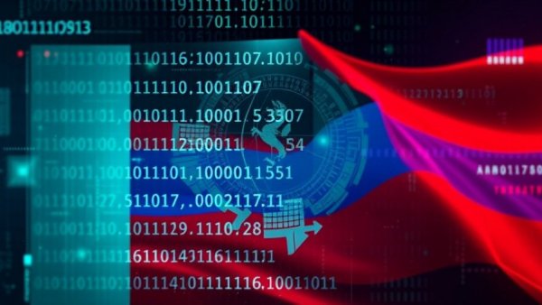 Digital binary code over a Russian flag symbolizing a cybersecurity theme.
