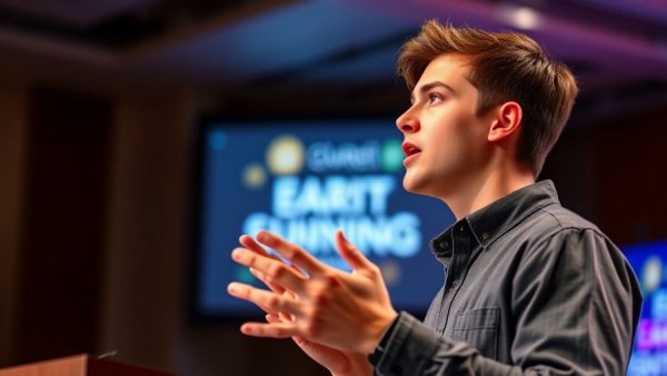 Tech event speaker discusses Amazon Alexa on stage.