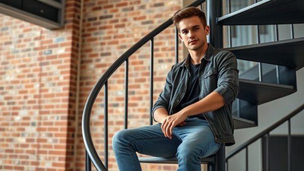 Casual young man sitting on a staircase in an industrial setting.