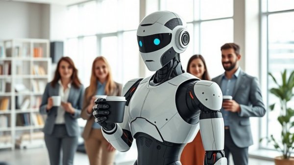 OpenAI management of AI teams in a modern office, featuring a humanoid robot.