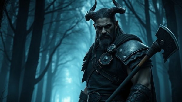 Fantasy warrior with horns and armor in a mystical forest, Baldur’s Gate TV show.