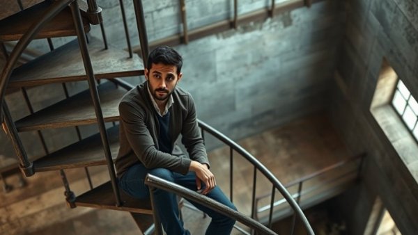 Person contemplating on a spiral staircase in rustic industrial setting.