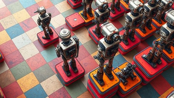Pattern of vintage robots on colorful platforms in a geometric setting, OpenAI.