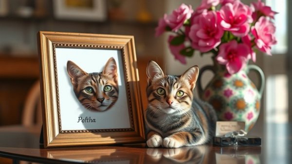 Framed cat photo with vibrant vase, ideal for home decor inspiration.
