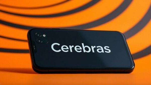 Smartphone shows Cerebras logo on vibrant orange background.