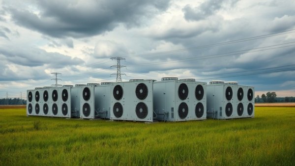 Industrial cooling units in a field at a New York data center.