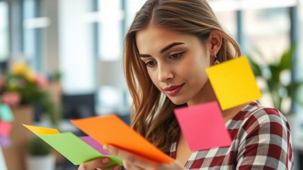 Woman reviewing sticky notes in an office for AI prompt evaluation.