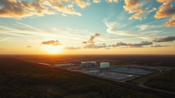 Aerial view of industrial complex at sunset with lush surroundings. STMicro chip supply agreement AWS.