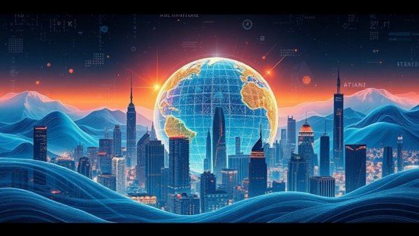 Futuristic abstract cityscape, AI video startup Runway funding theme.