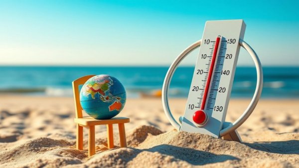 Thermometer on beach with globe, highlighting climate change.