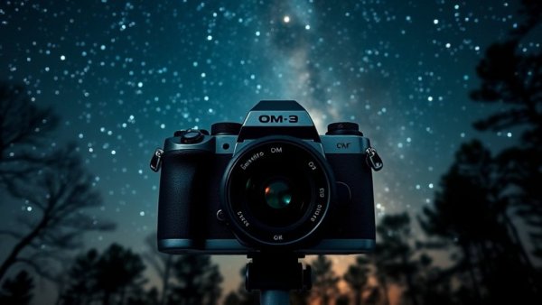 OM-3 Astro camera for astrophotography with starry sky background.