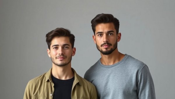 Two men in black t-shirts, standing confidently in a studio setting.