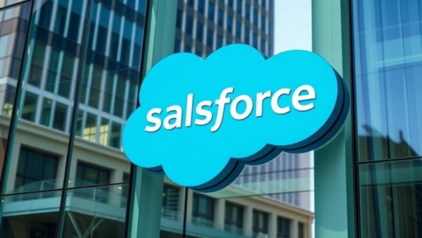 Salesforce logo on glass facade reflecting urban environment.