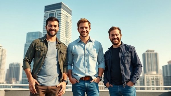 Group of men smiling on a rooftop with city skyline for manufacturing procurement.
