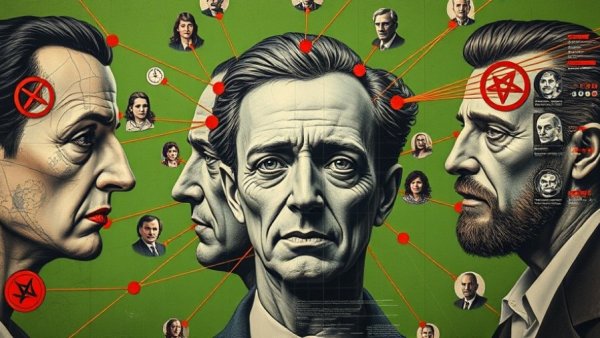 Surreal collage of conspiracy icons and faces with orange threads.