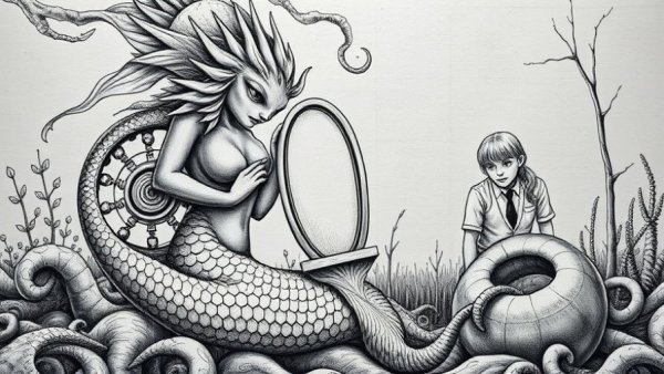 Surreal engraving with mermaid, machinery, and observer, detailed design.