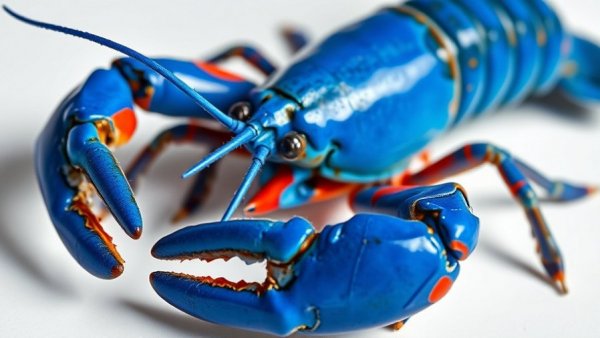 Vibrant blue lobster on white surface, detailed close-up.