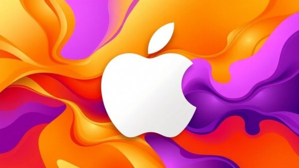Abstract Apple logo illustration on orange and purple background.