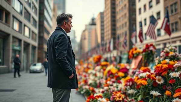Memorial site with flowers, reflecting individual's somber dedication.