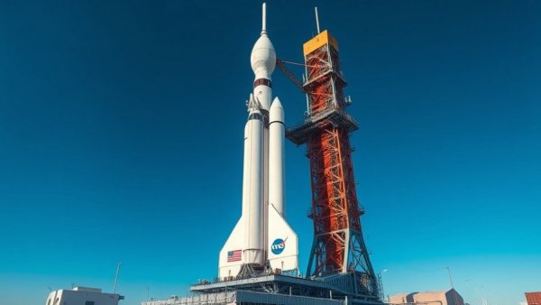 NASA Artemis II rocket on launchpad, blue sky background