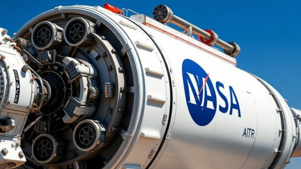 NASA Artemis II rocket repairs, detailed view of rocket components against a clear sky.