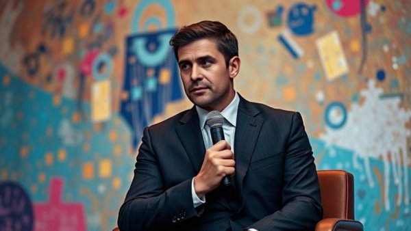 Professional man with microphone and abstract background, Amazon Alexa