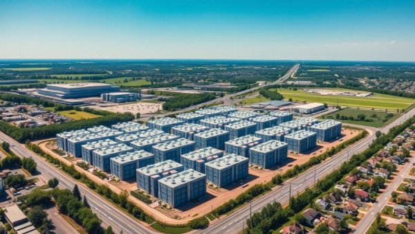 Aerial view of a data center complex with cooling units related to credit ratings for data centers.