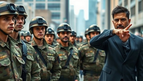 Military personnel in formation with leader pointing in urban setting.