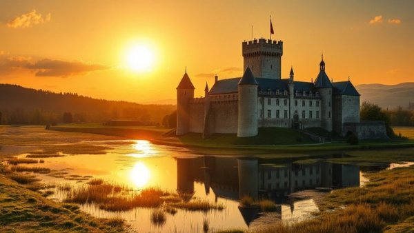 Medieval castle at sunrise, surrounded by moat, in lush countryside; Vertical SaaS enterprise efficiency